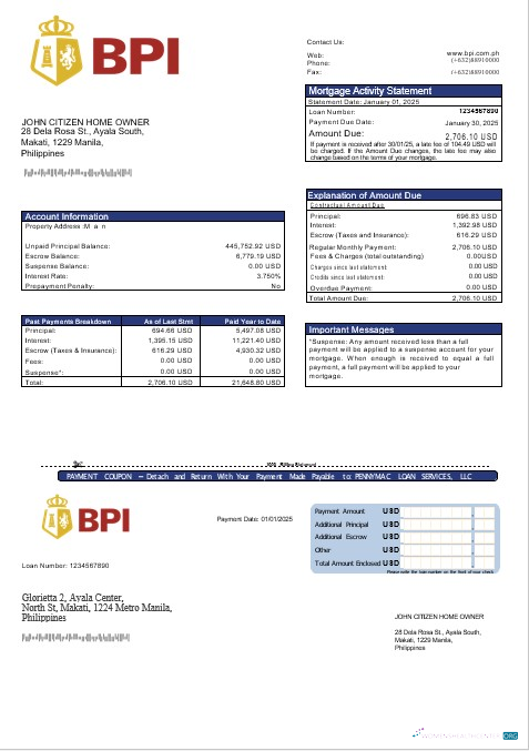 Philippine Bank of The Philippine Islands mortgage statement in Word and PDF formats